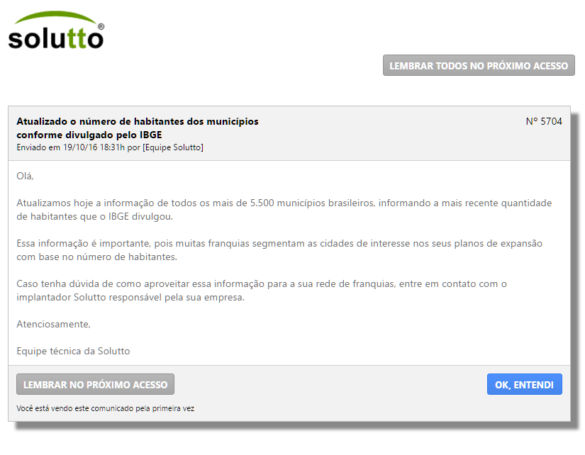 Comunicado que foi enviado por dentro do Solutto para os usuários da área de expansão