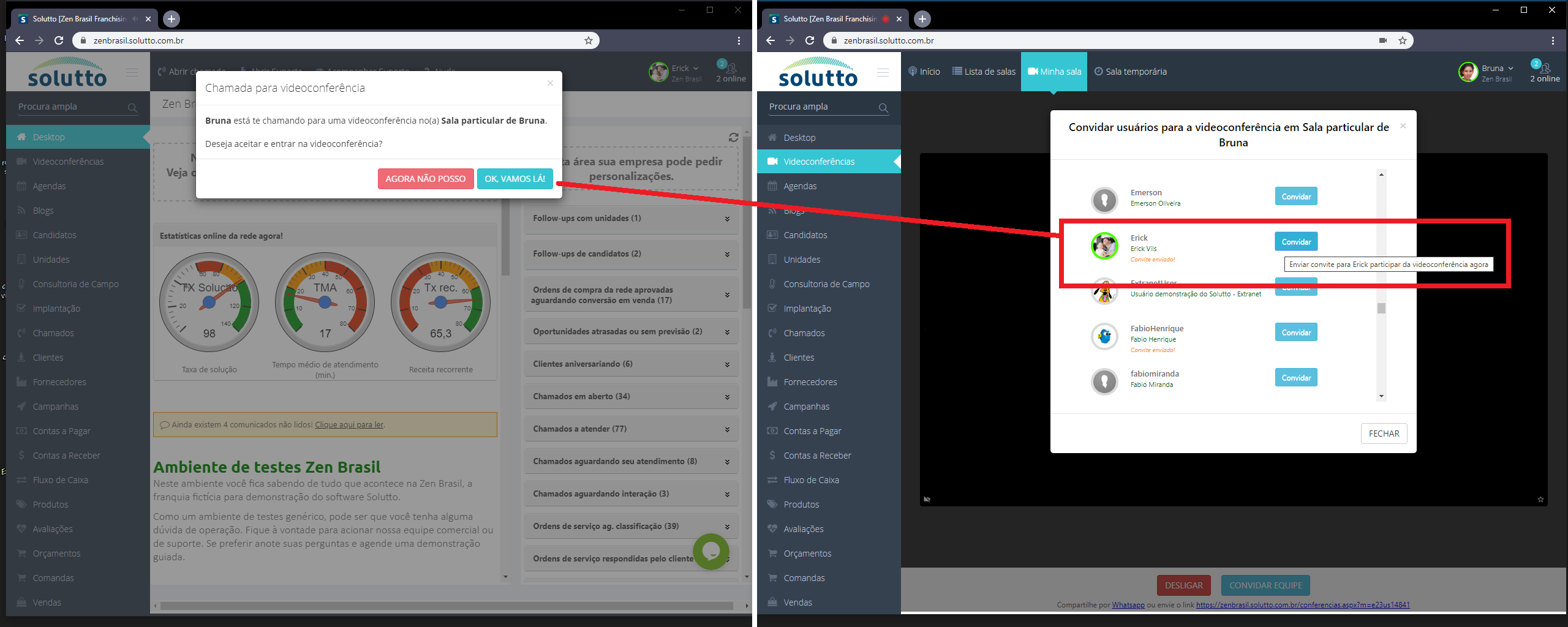 Usuária Bruna convidando usuário Erick para uma videoconferência.