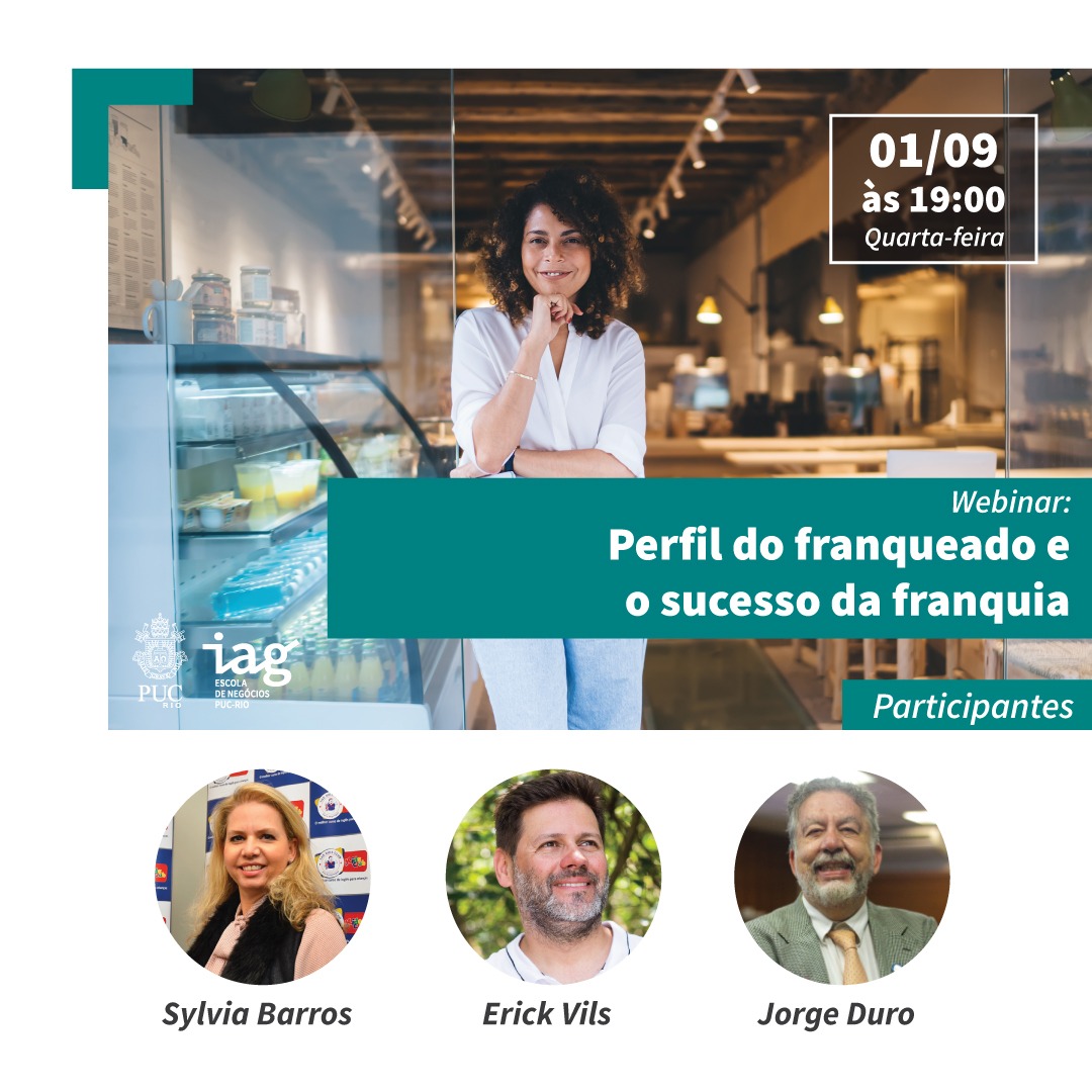 Convite para o webinar. Na foto temos uma mulher de aproximadamente 30 anos, de cabelos castanhos, vestindo jeans, em pé na frente de um estabelecimento comercial. No rodapé do convite temos a foto dos 3 participantes do webinar.